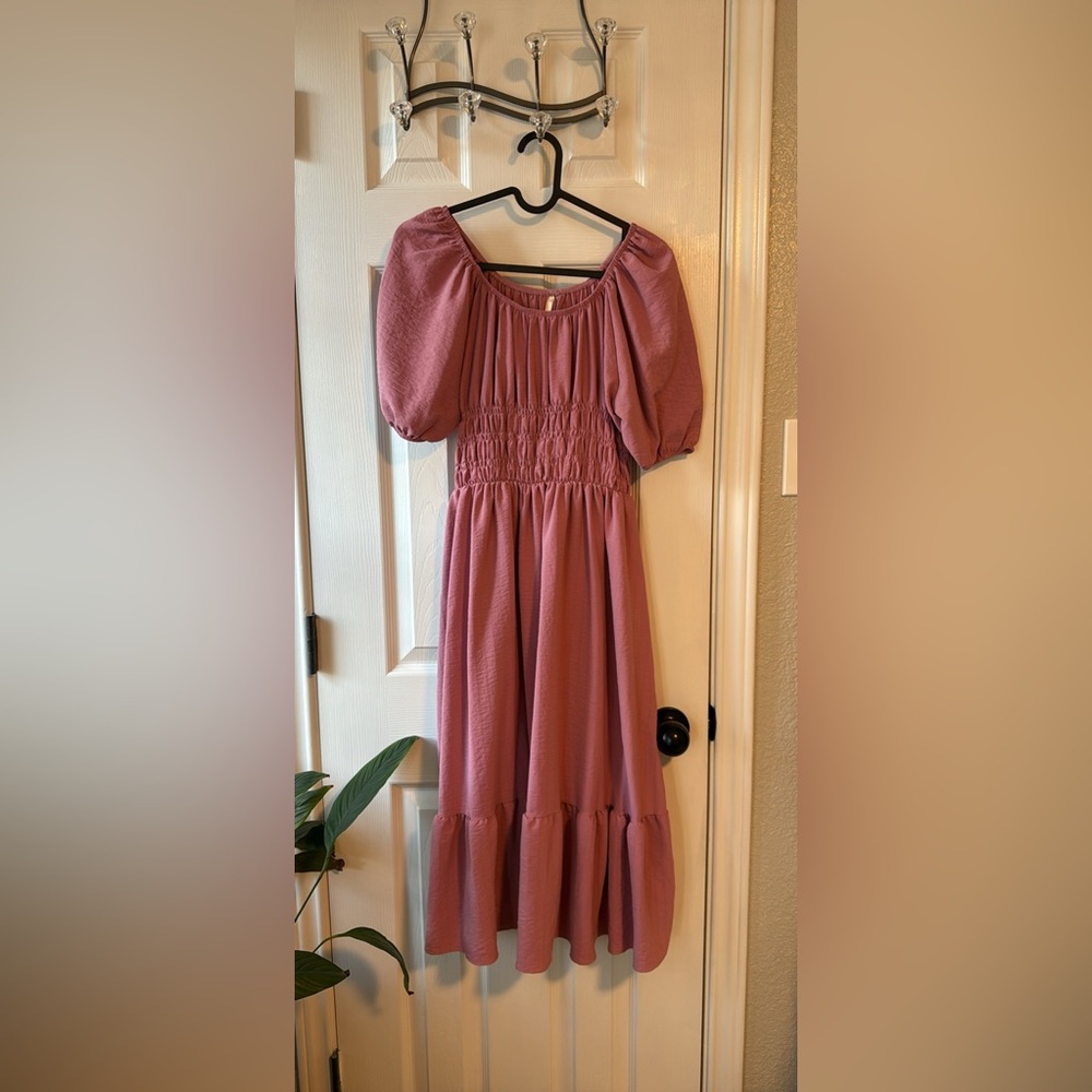 Pink Puff Sleeve Midi Dress